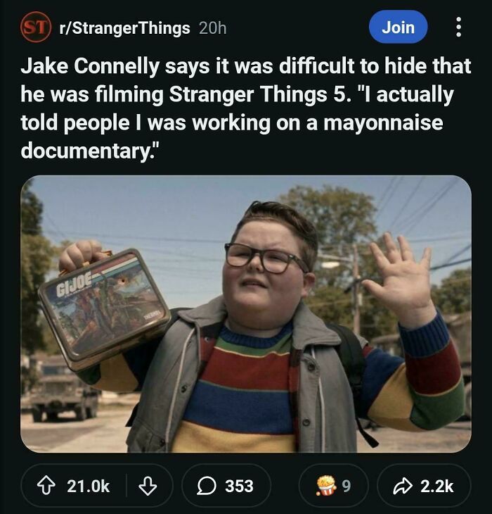 Reddit post from r/StrangerThings featuring a boy holding a GI Joe lunchbox, humorously discussing filming a mayonnaise documentary.