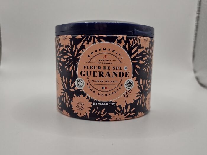 Decorative container of Fleur de Sel Guerande salt, a unique host gift idea beyond generic bottles of Merlot.