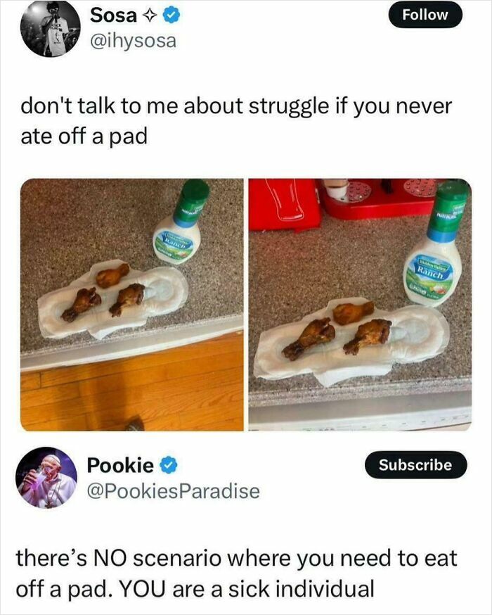 Funny social media posts showing a humorous debate about eating chicken wings off a sanitary pad with ranch dressing.