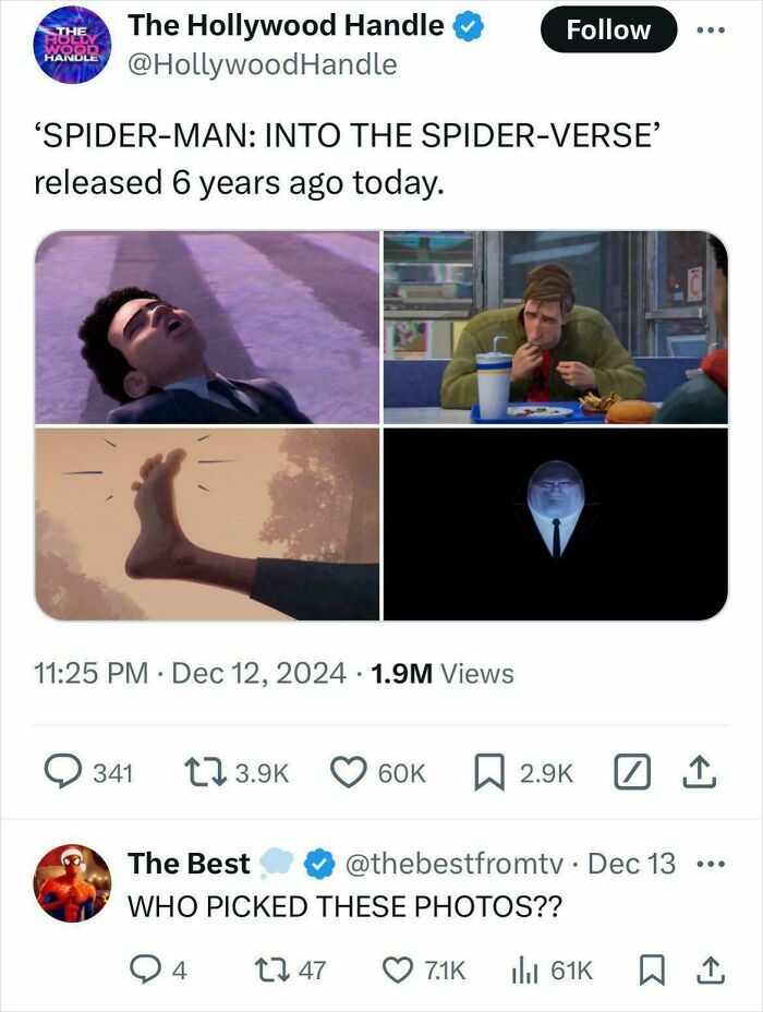 Screenshot of a humorous social media post about Spider-Man with funny animated scenes, highlighting hilarious posts to make you laugh.