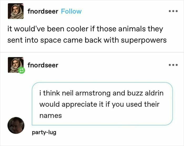 Funny social media post joking about animals sent to space and a reply about astronauts Neil Armstrong and Buzz Aldrin.