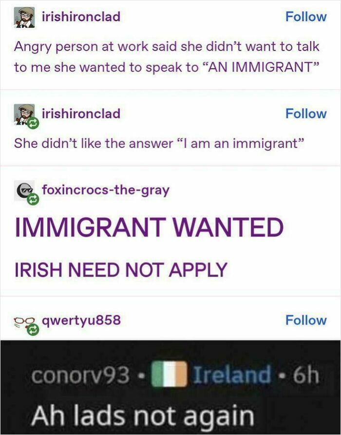 Funny posts about immigrants and Irish humor shared on social media, capturing hilarious and absurd interactions.