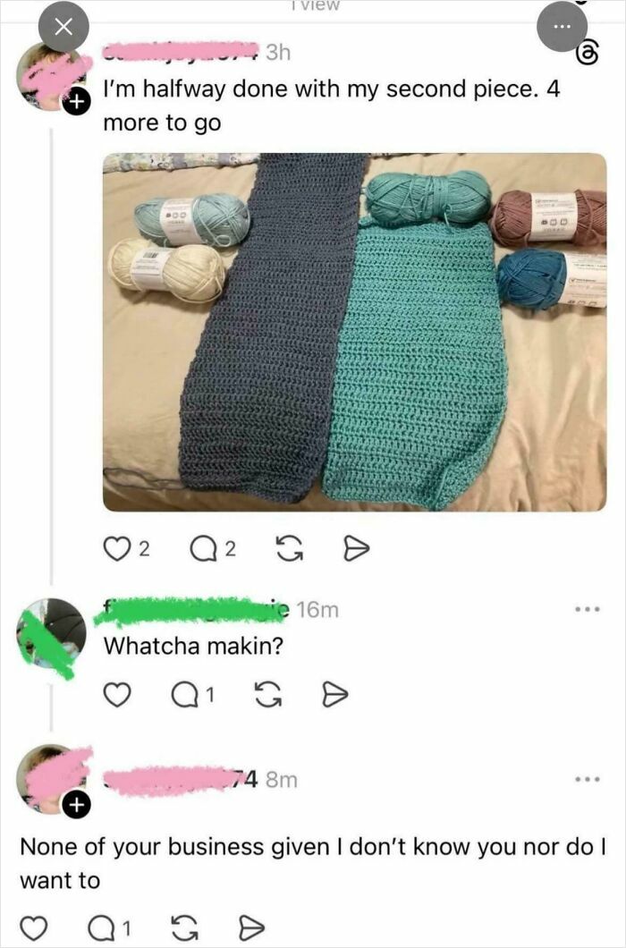 Screenshot of a humorous social media post showing partially crocheted pieces and a funny comment exchange about the project.