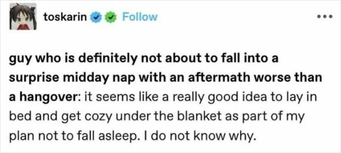 Screenshot of a hilarious social media post humorously describing an unexpected surprise midday nap experience.