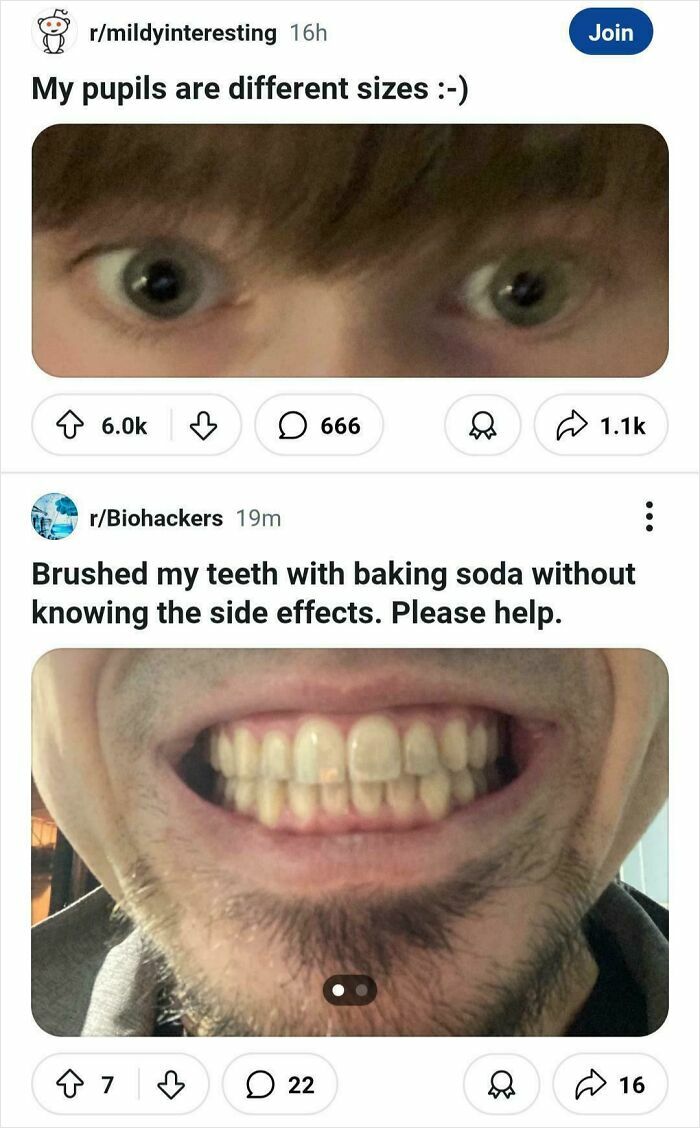 Close-up images of eyes with uneven pupils and a mouth showing teeth affected after brushing with baking soda.