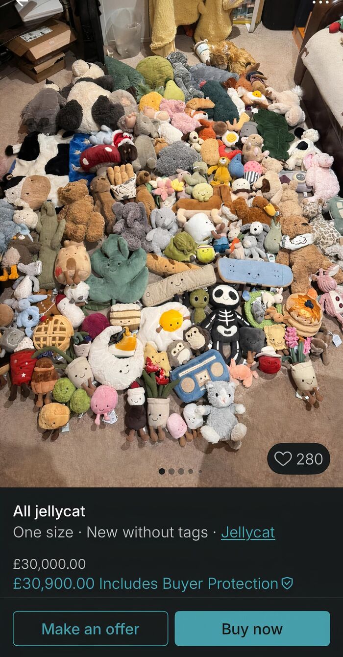Large collection of plush Jellycat toys spread on floor in an unhinged Vinted post listing with high price tag.