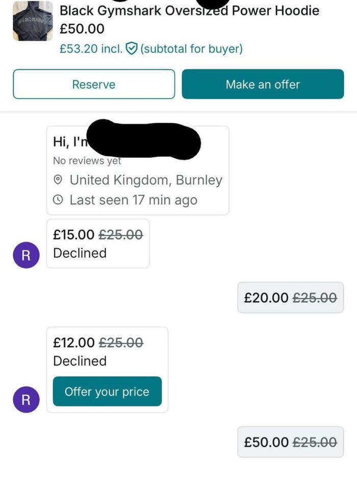 Chat conversation on Vinted showing declined low offers and a final high offer for a Black Gymshark oversized hoodie.