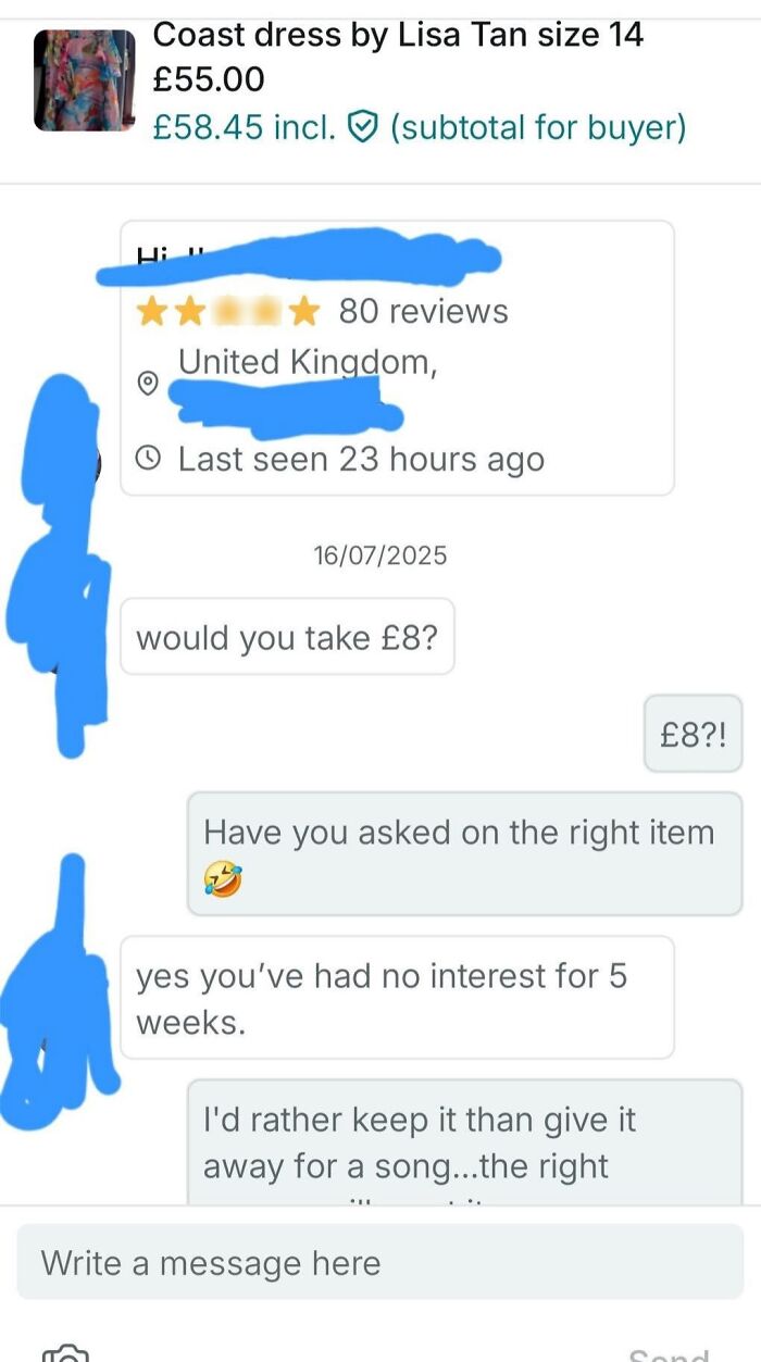 Chat screenshot of unhinged Vinted posts showing a lowball offer and a humorous seller response on a dress listing.