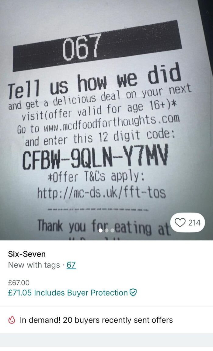 Receipt showing a coupon code listed for sale on Vinted with 20 buyers recently sending offers.