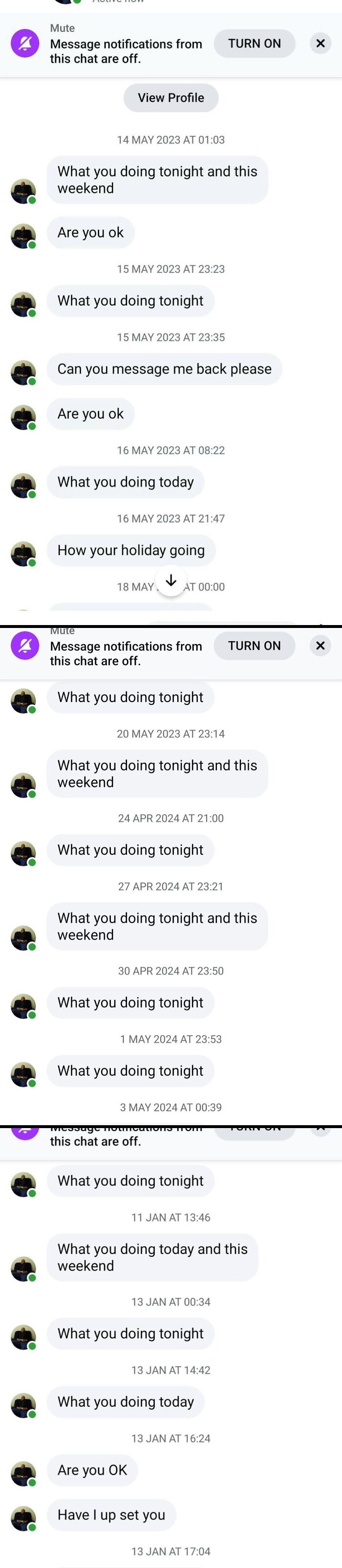 Screenshot of repetitive messages from a man persistently messaging a woman’s inbox in a cringy manner.