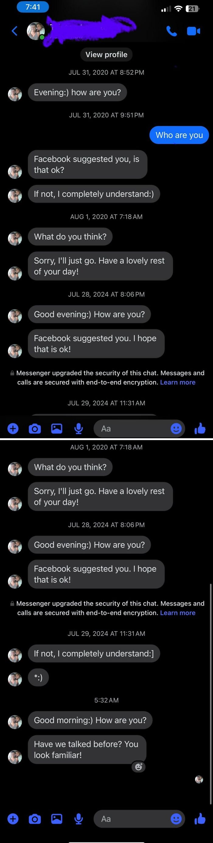 Screenshot of a cringe Facebook inbox conversation showing awkward messages from a man to a woman.