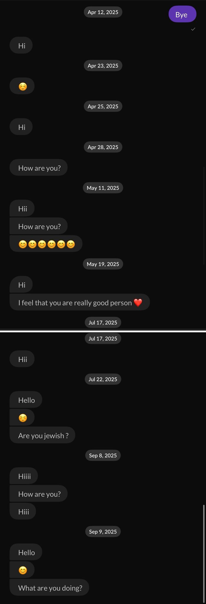 Chat screenshots showing cringy men repeatedly messaging women with awkward greetings and questions in their inboxes.