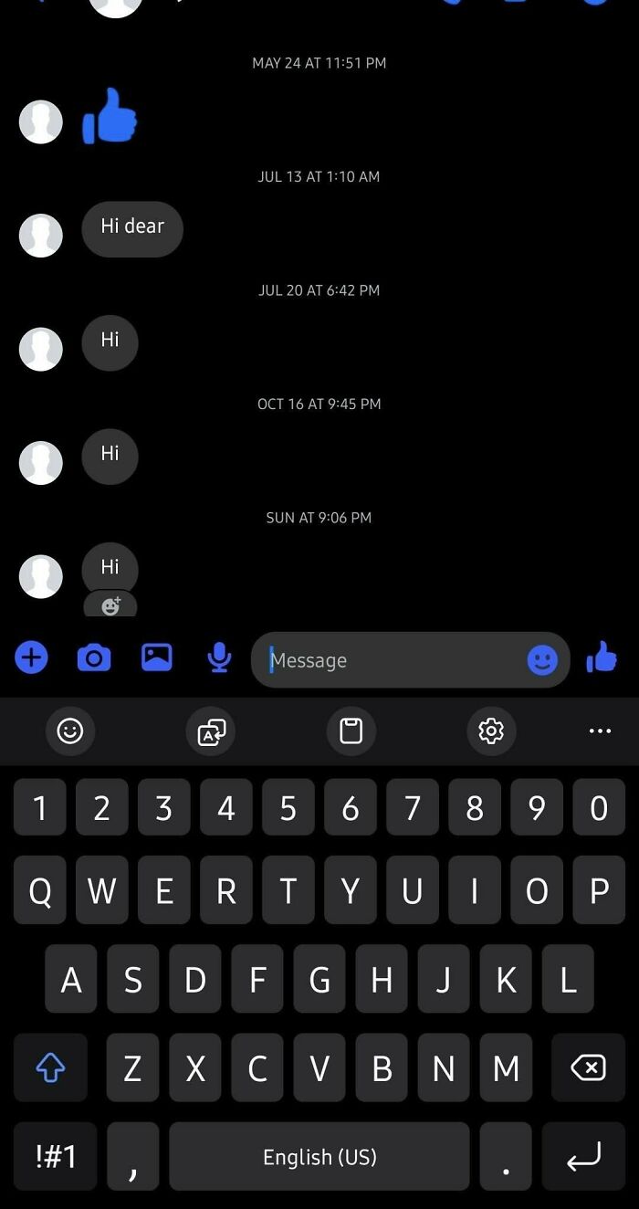 Chat screen showing cringy men repeatedly sending simple greetings in women's inboxes over months.
