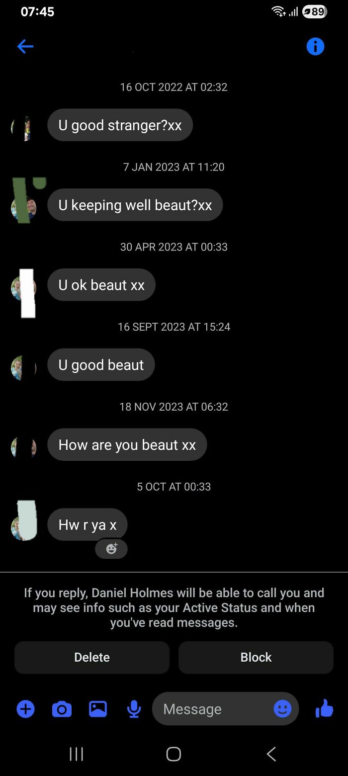 A screenshot of cringy and pathetic men repeatedly messaging a woman with awkward greetings in her inbox.