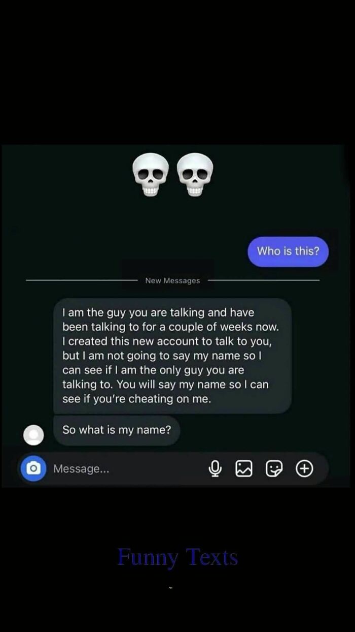 Screenshot of a cringy text conversation showing a man messaging himself in a woman's inbox with a suspicious message.