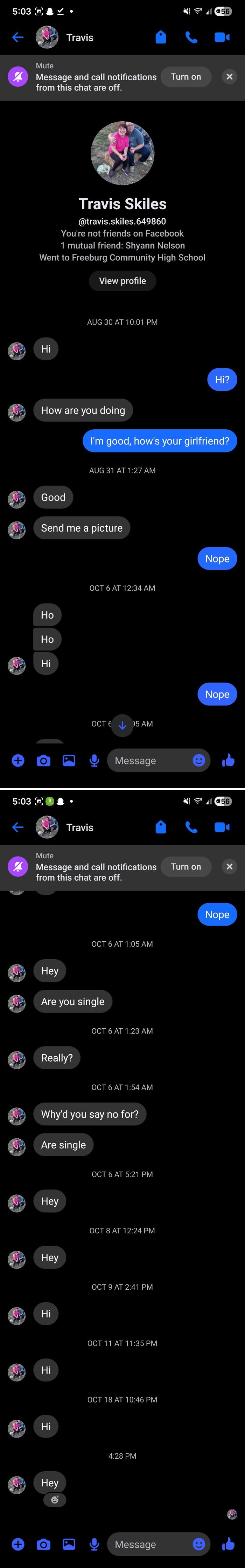 Screenshot of a Facebook Messenger conversation showing repeated awkward messages from a man to a woman’s inbox.