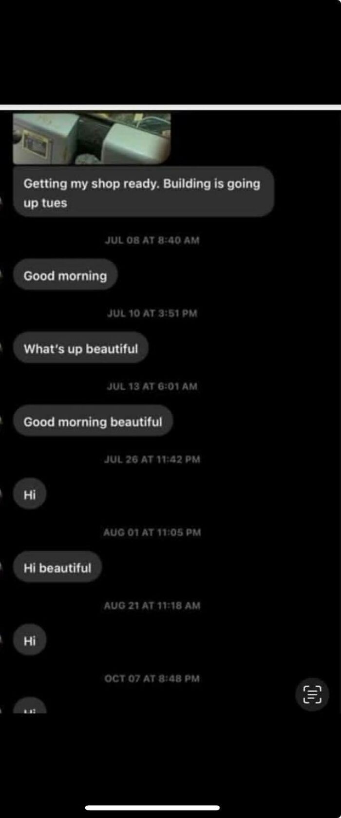 Screenshot of cringy men repeatedly messaging women with greetings like good morning and hi in inbox conversations.