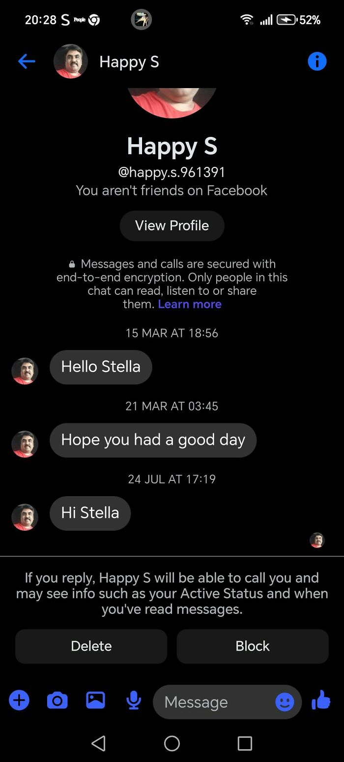 Facebook chat screenshot showing a man sending cringy messages to a woman's inbox over several months.