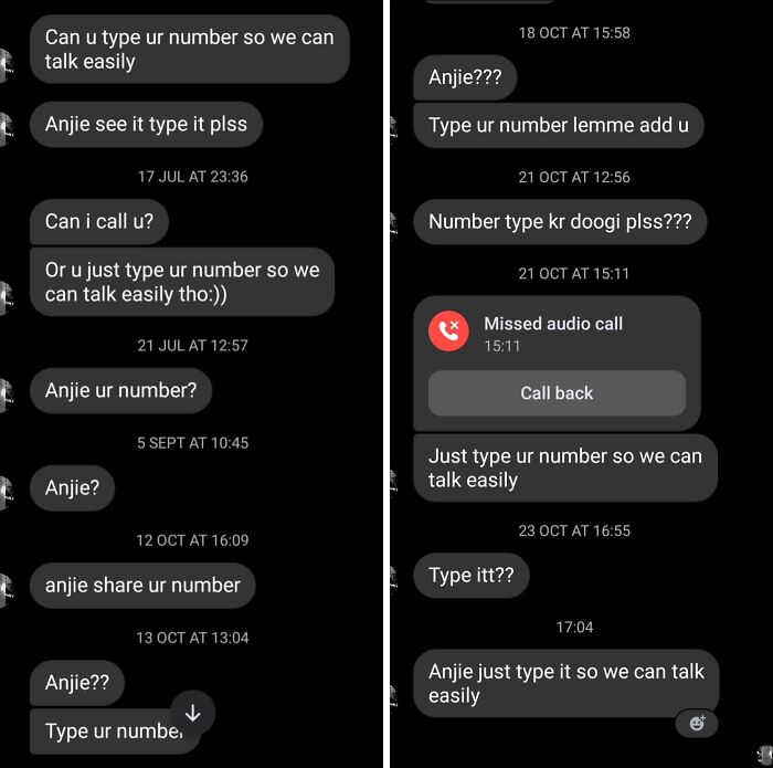 Chat screenshots showing repeated messages from a man persistently asking for a woman's phone number in cringy inbox texts.