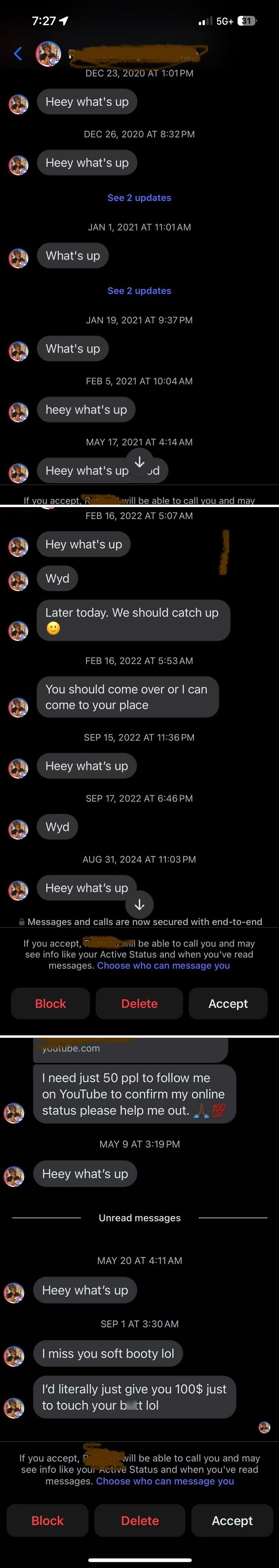 Screenshots of cringy and pathetic men repeatedly messaging women's inboxes with similar greetings and awkward requests.
