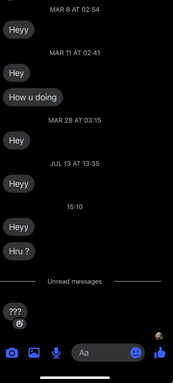 Screenshot of repetitive messages from pathetic and cringy men sending similar texts in women's inboxes.