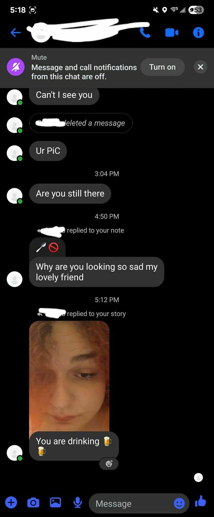 Screenshot of a cringy and pathetic man's messages in a woman's inbox asking for a picture and commenting on her mood.
