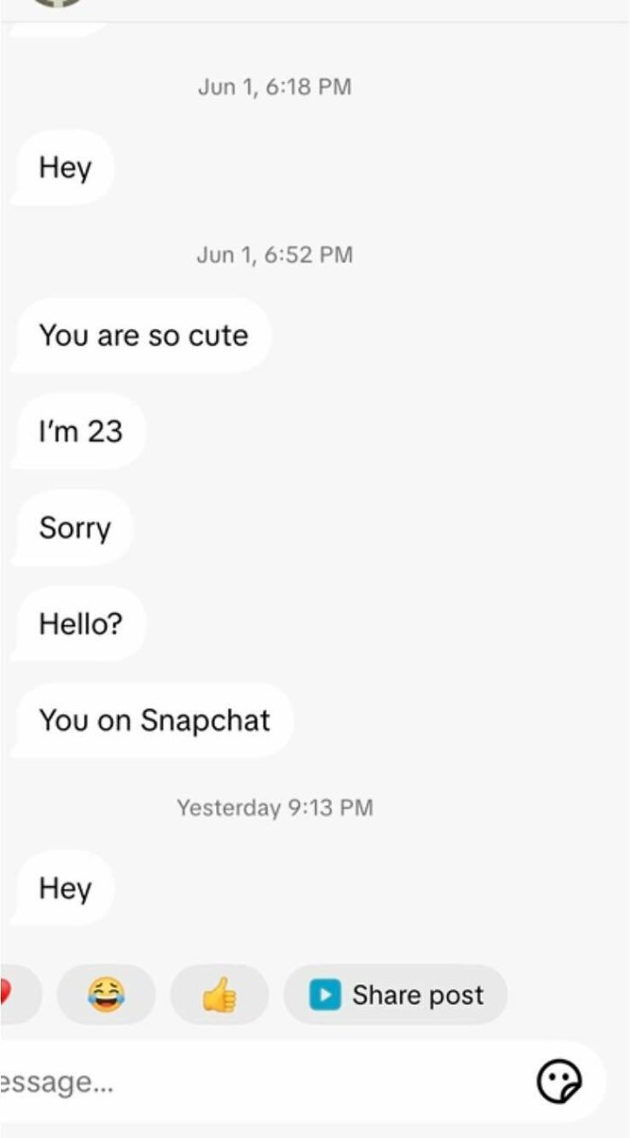 Chat messages showing cringy and pathetic men repeatedly messaging women, highlighting awkward interactions in inboxes.