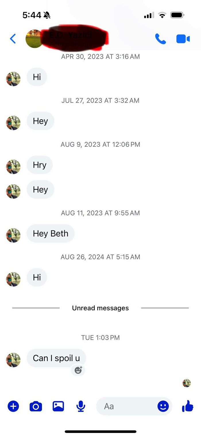 Screenshot showing cringy and pathetic messages repeatedly sent by a man to a woman's inbox over months.