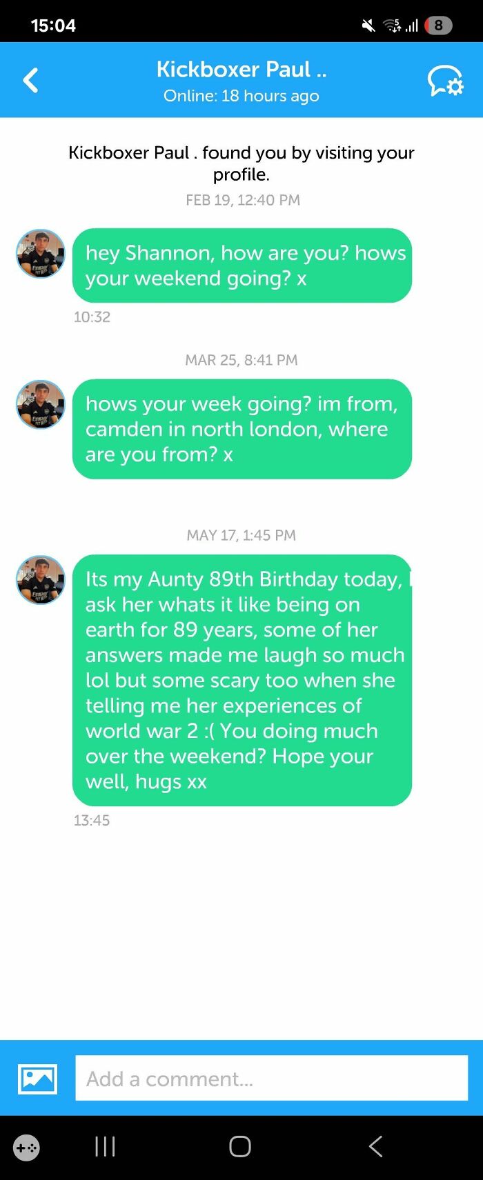 Screenshot of cringy men messaging women's inboxes with awkward and repetitive chat attempts visible in a dating app conversation.