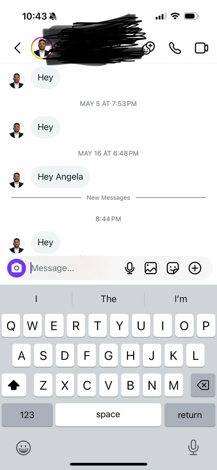 Screenshot of a dating app inbox showing a man repeatedly sending cringy and pathetic messages to a woman's inbox.