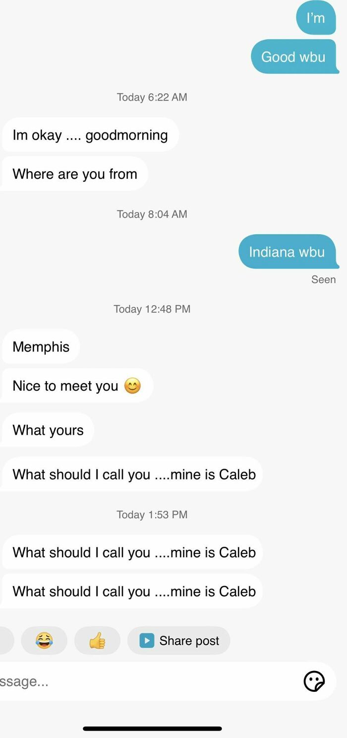 Screenshot of a cringy and repetitive conversation in a women's inbox showing awkward messages from a man named Caleb.