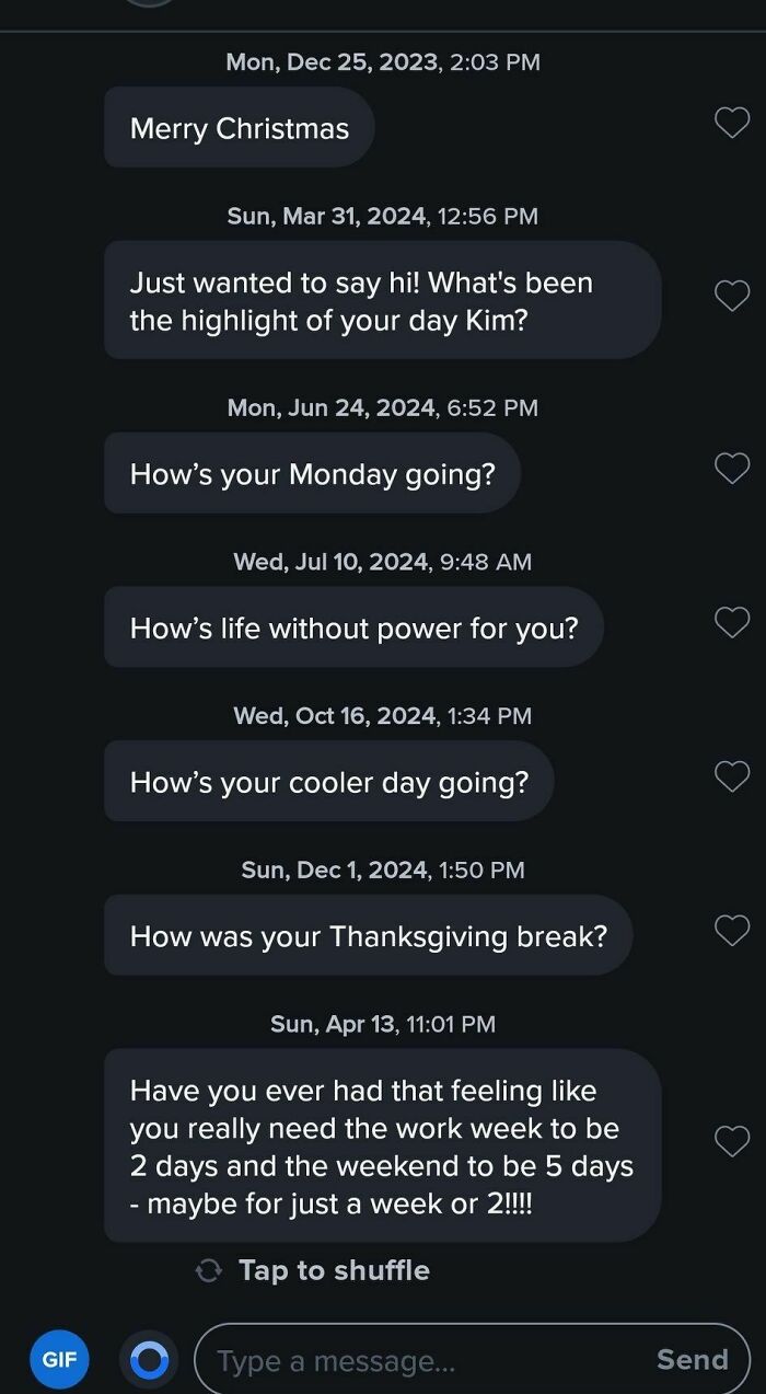 Chat screenshots showing pathetic and cringy men sending repetitive messages in women's inboxes over months.