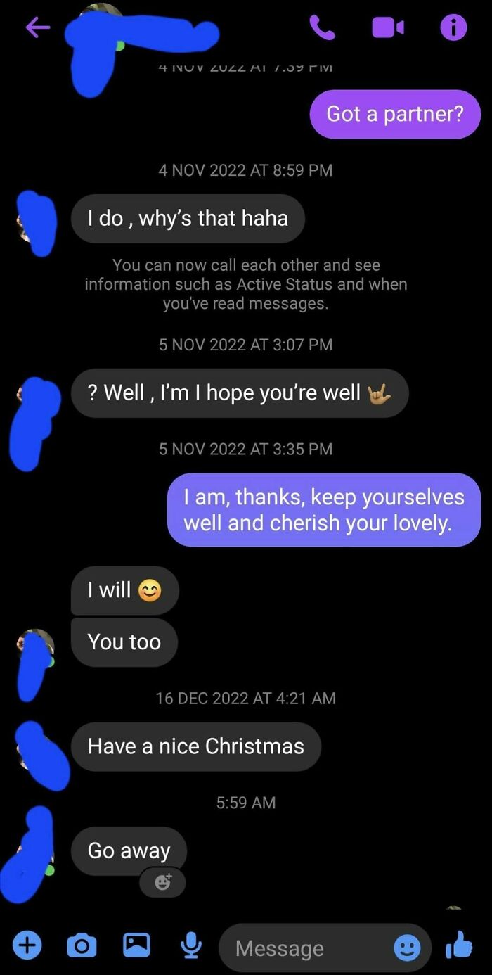 Chat screenshot showing pathetic and cringy men messaging themselves in women's inboxes with awkward conversation.