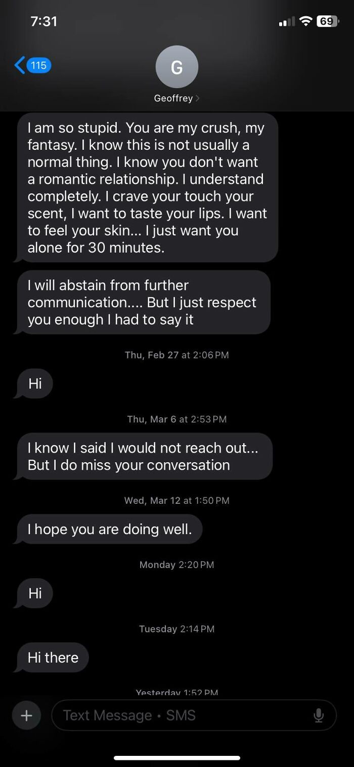 Screenshot of cringy and pathetic men messaging women's inboxes with unwanted romantic texts and repeated greetings on a phone screen.