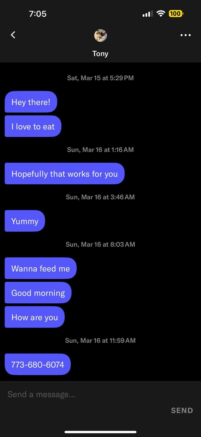 Screenshot of cringy men messaging themselves in women's inboxes with awkward and random texts.
