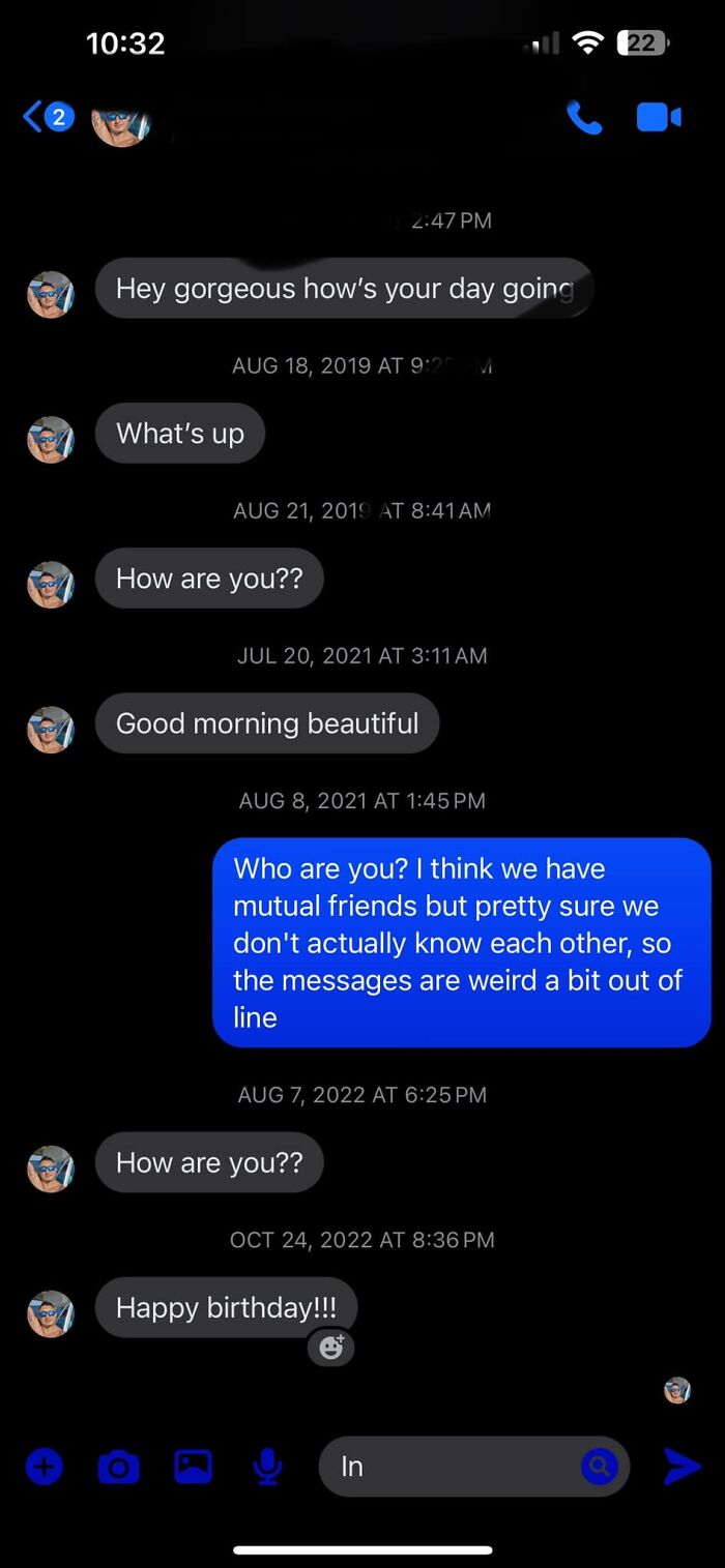 Screenshot of cringy men repeatedly messaging a woman with awkward and unwanted texts in inbox conversations.