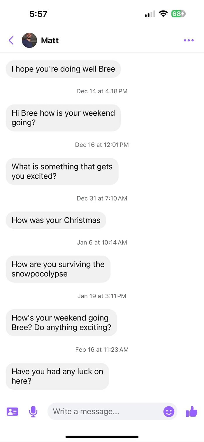 Text message conversation showing a man repeatedly messaging a woman with cringy questions in women's inboxes.