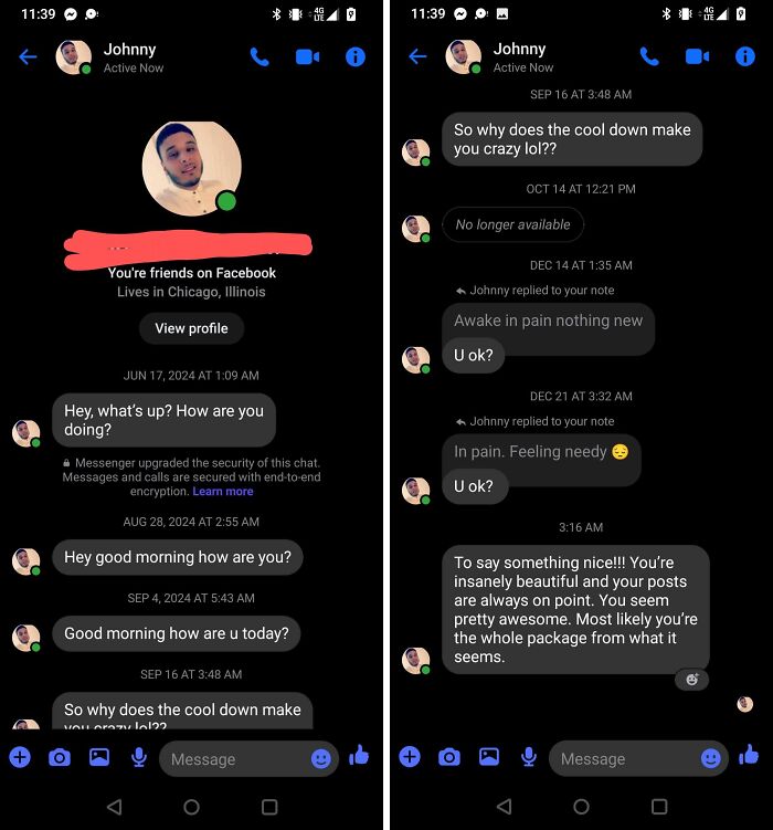 Screenshot of a cringy conversation where a man persistently messages a woman on Facebook Messenger.