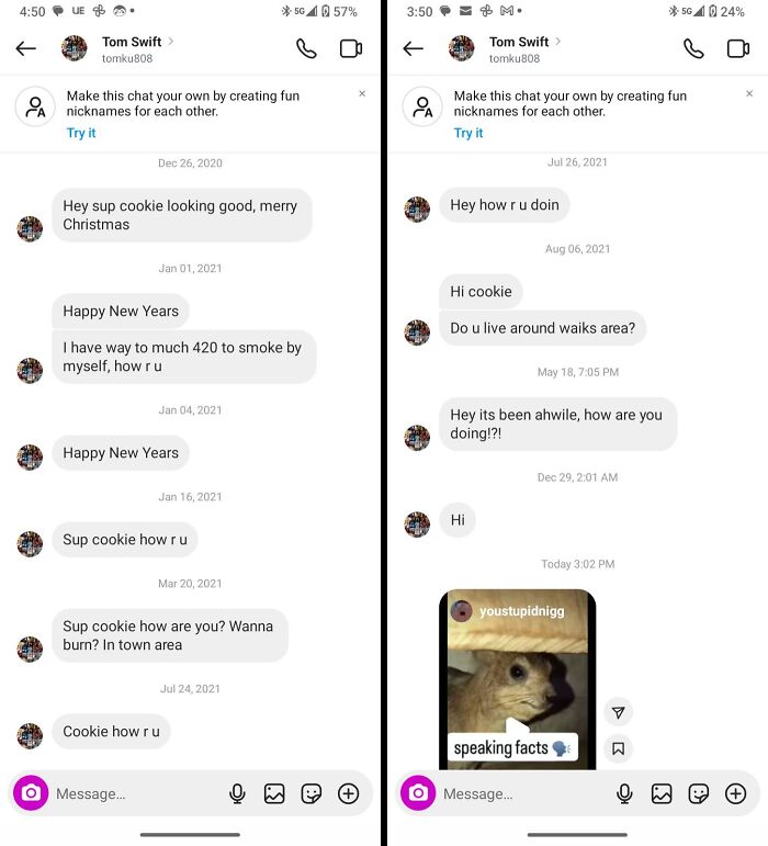 Screenshots of cringy and pathetic men's repeated messages sent to a woman's inbox over several months.