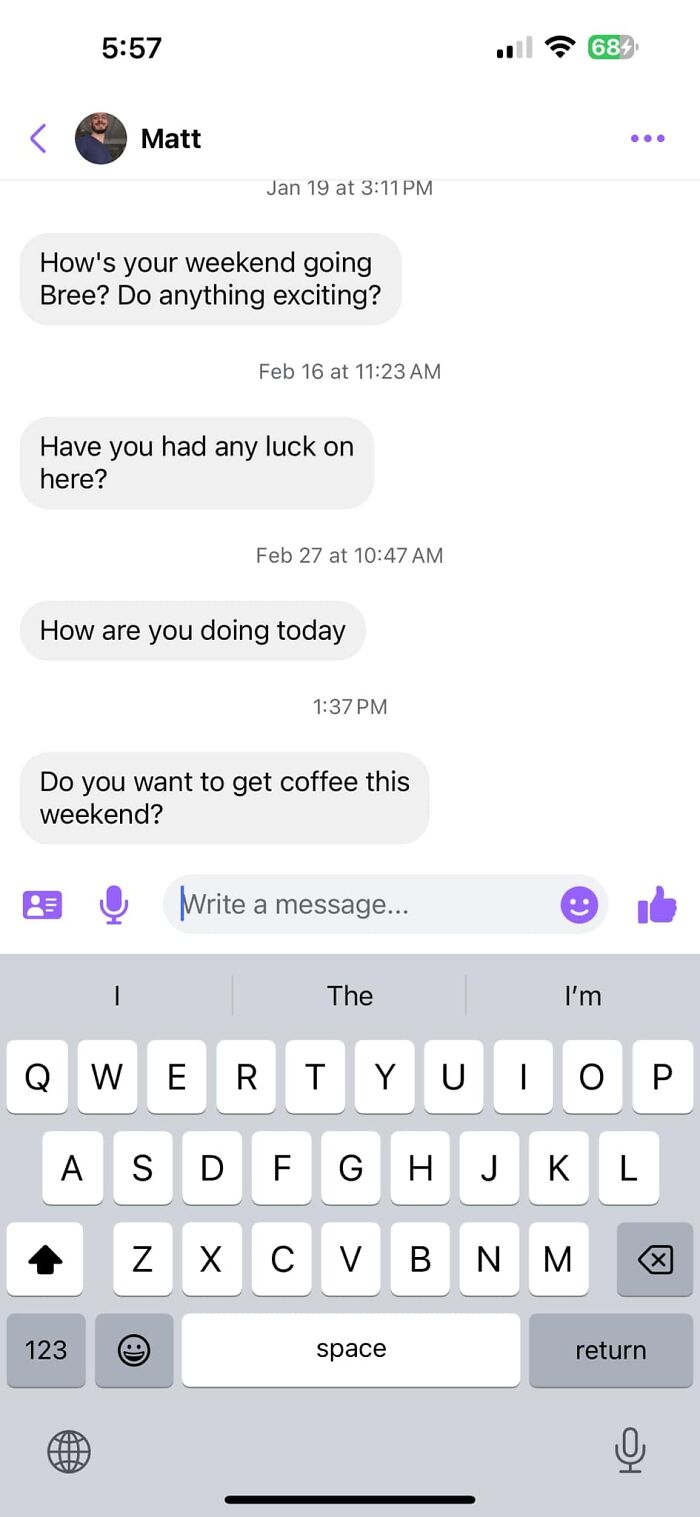 Screenshot of cringy men messaging women's inboxes repeatedly with casual questions and coffee date invites.