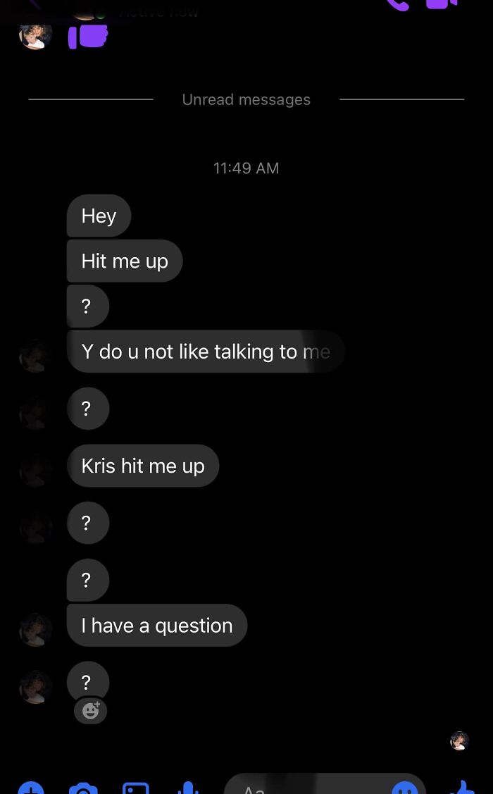 Screenshot of unread messages showing cringy men repeatedly asking to be contacted in a woman's inbox.