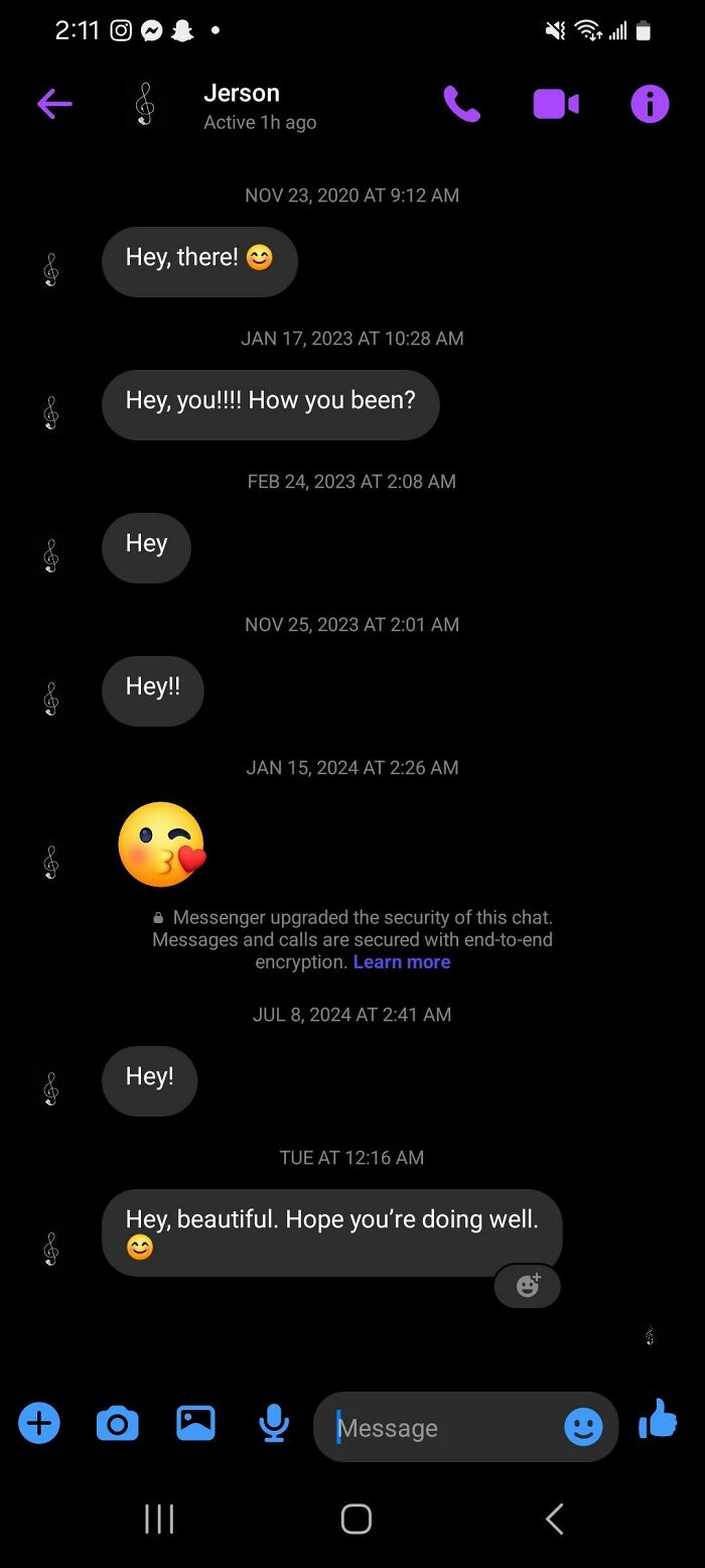 Chat screenshot showing multiple cringy men repeatedly messaging women's inboxes with awkward greetings and emojis.