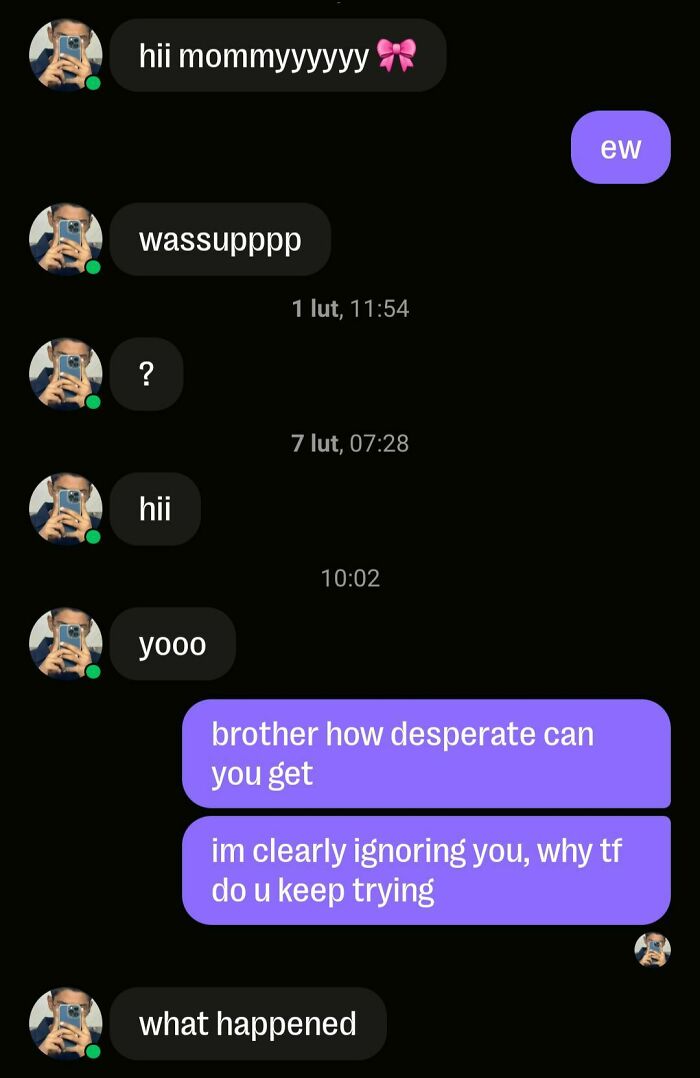 Chat screenshot showing a desperate man repeatedly messaging a woman’s inbox with ignored replies, highlighting cringy men.