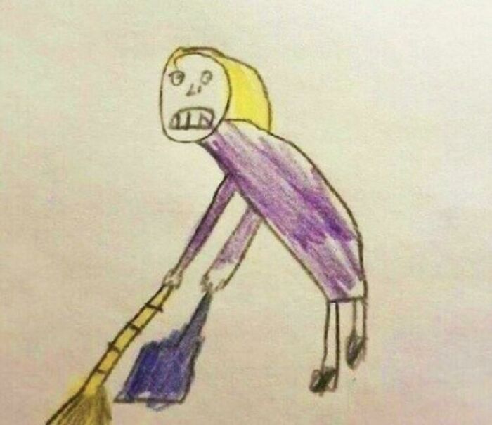 Child's funny drawing of a person in a purple outfit sweeping the floor in a very flattering portrait style.
