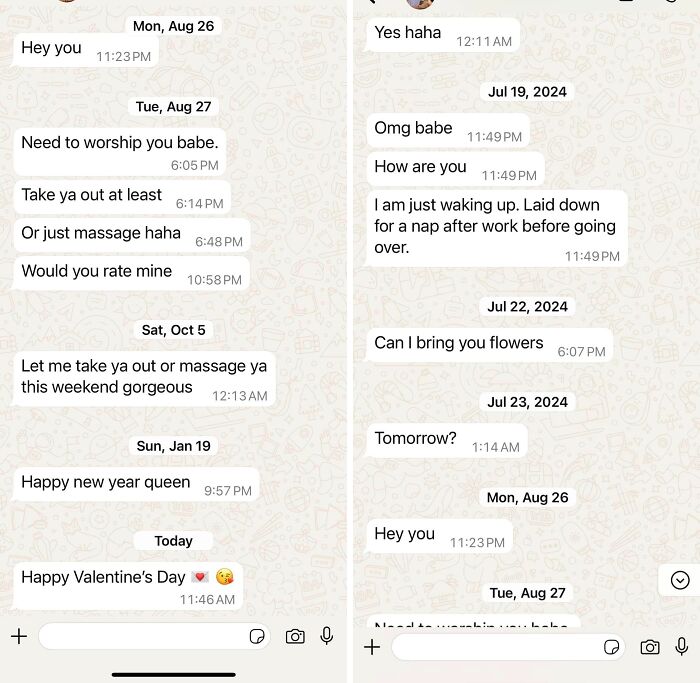 Chat screenshots showing cringy and pathetic messages from men in women's inboxes, highlighting unwanted advances.