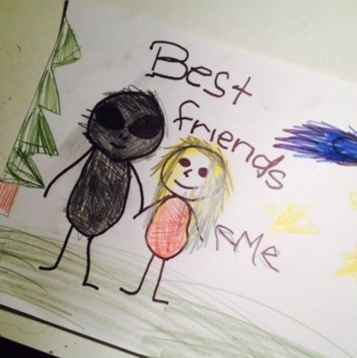 Child’s funny drawing of a flattering portrait showing two best friends holding hands outdoors with trees and sky background.