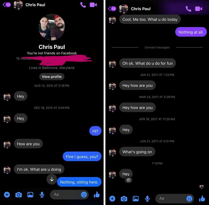 Screenshot of cringy men repeatedly messaging women with awkward and pathetic texts in social media inbox conversations.