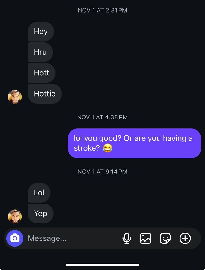 Screenshot of a cringy conversation showing pathetic men messaging repeatedly in a woman's inbox.