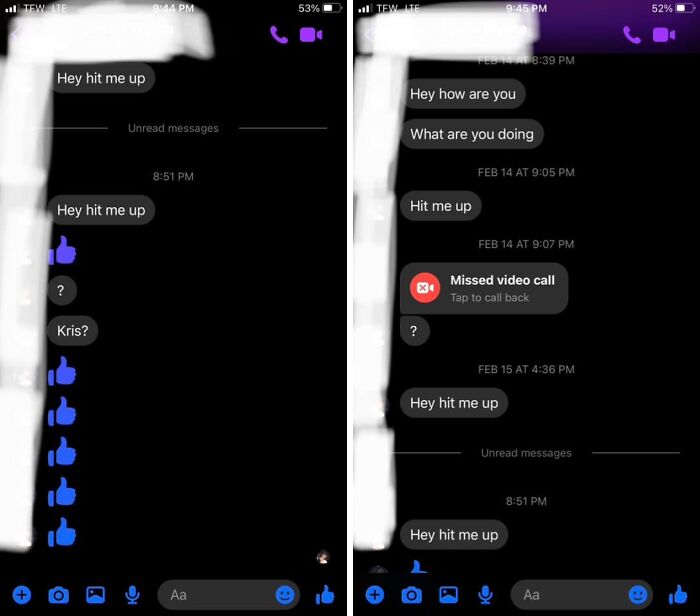 Screenshots of repetitive cringy messages from men repeatedly asking to be contacted in women's inboxes.