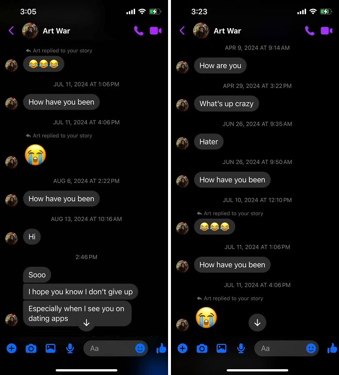 Screenshots of cringe messages from men repeatedly messaging women in their inboxes with persistent texts.